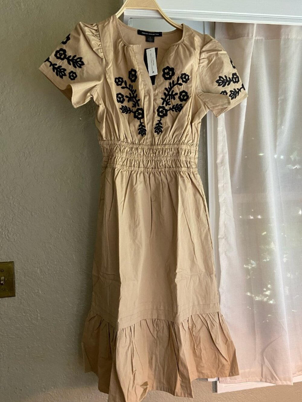 French Connection cotton tan embroidered midi dress size XS